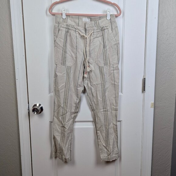 Anthropologie | Cream Striped Linen Cargo Drawstring Pants Size XS - Picture 1 of 8